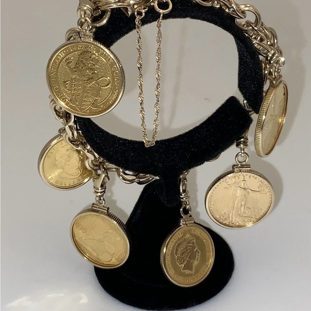 Solid 14 Kt Gold Charm Bracelet With Six Genuine .999 Pure Gold Coins - Picture 7 of 9